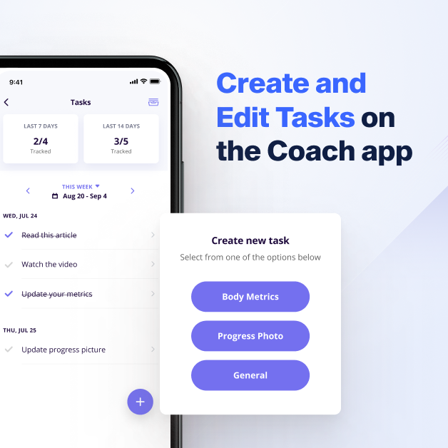 Create and edit tasks for training clients on the online coach app 