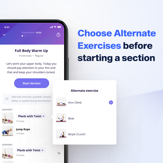 Alternate exercise lets clients replace the assigned exercise with another one that gives equivalent results on online coach app
