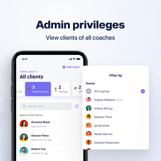 Admin privileges enables gym/studios owners or lead coach view clients of other coaches on online coach app