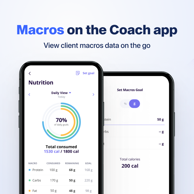 Macros on the Coach app let the coach view client macros data on the go on online coach app